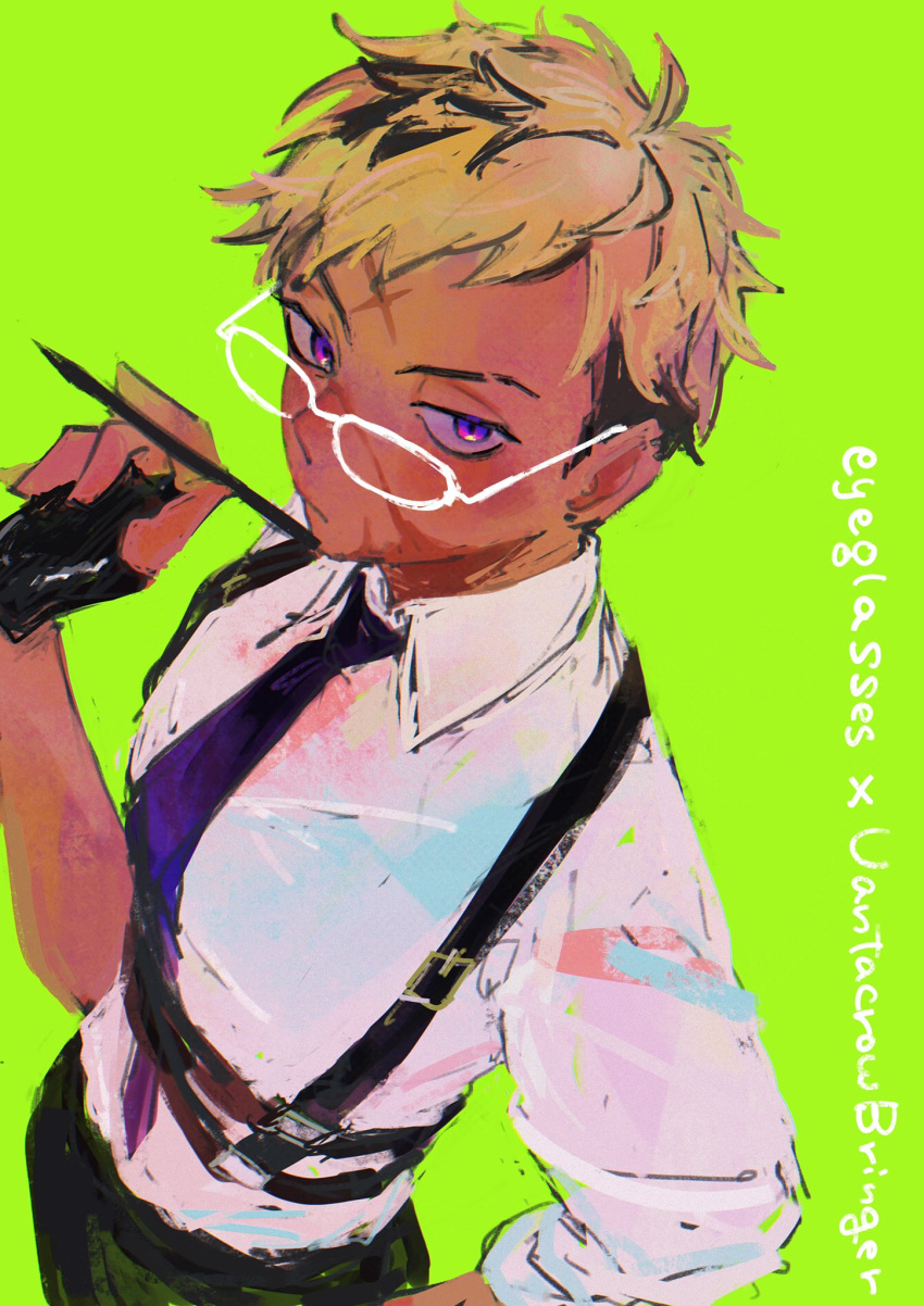 1boy, black_hair, black_pants, blonde_hair, character_name, chest_harness, closed_mouth, collared_shirt