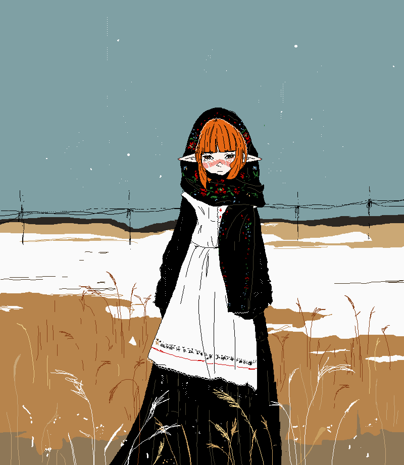 1girl, apron, black_dress, black_headscarf, brown_eyes, commentary, crying, crying_with_eyes_open