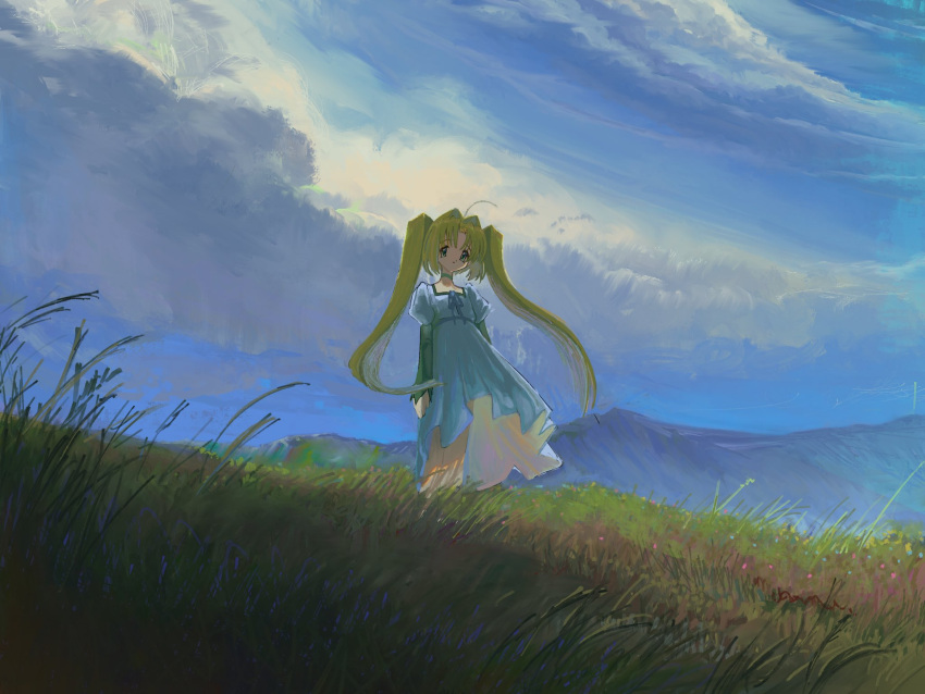 1girl, arms_at_sides, black_sleeves, blonde_hair, blue_dress, blue_ribbon, closed_mouth, clouds