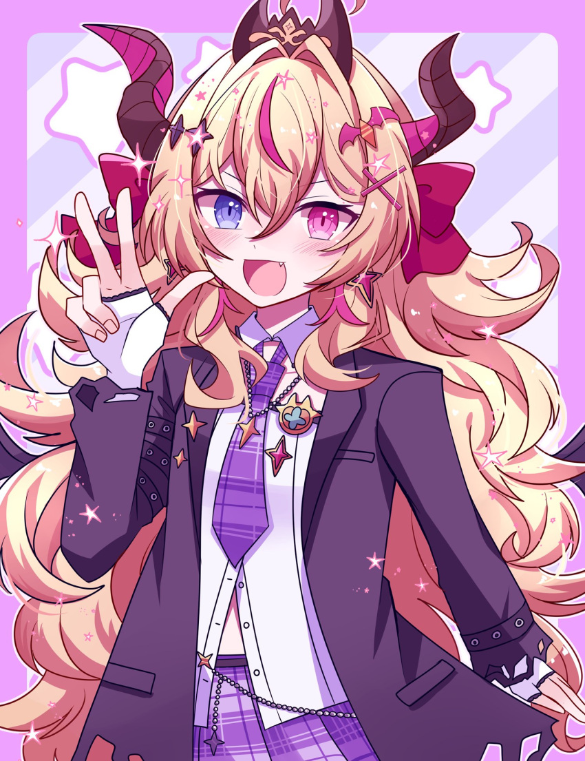 1girl, :d, alternate_costume, black_jacket, blonde_hair, bow, collared_shirt, commentary_request, commission, dragon_horns, earrings, fang, fingerless_gloves, gloves, hair_between_eyes, hair_bow, hair_ornament, heterochromia, highres, horns, jacket, jewelry, looking_at_viewer, motiumai, multicolored_hair, necktie, open_clothes, open_jacket, open_mouth, outline, pink_eyes, pink_hair, plaid_clothes, plaid_necktie, plaid_skirt, pleated_skirt, purple_necktie, purple_skirt, shirt, skeb_commission, skirt, smile, solo, star_(symbol), streaked_hair, suri_solari, tongue, v&amp;u_entertainment, violet_eyes, virtual_youtuber, white_gloves, white_outline, white_shirt, x_hair_ornament