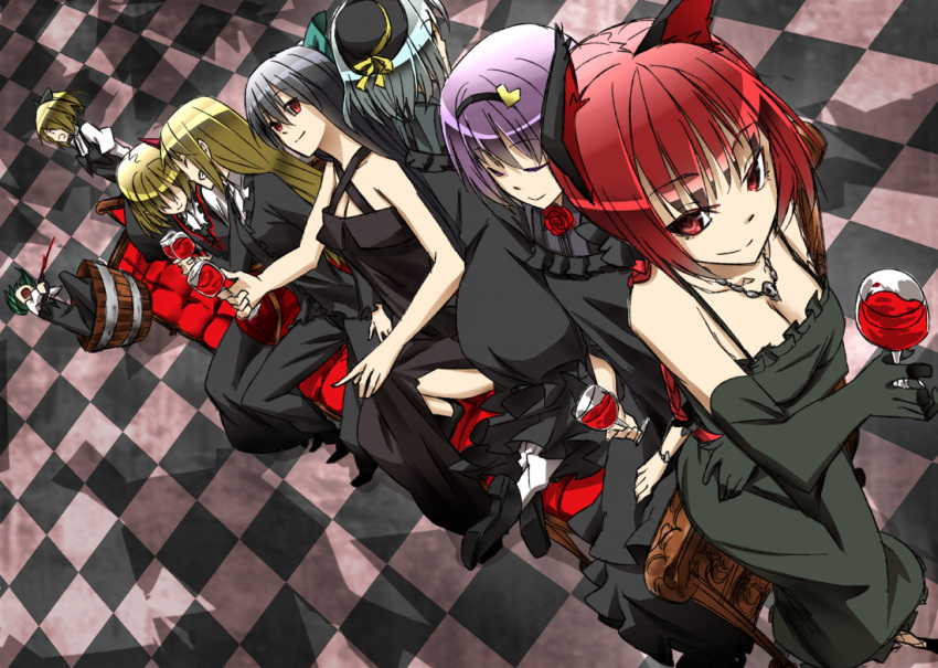 alternate_costume, black_dress, black_hair, blonde_hair, checkered, checkered_floor, contemporary, couch