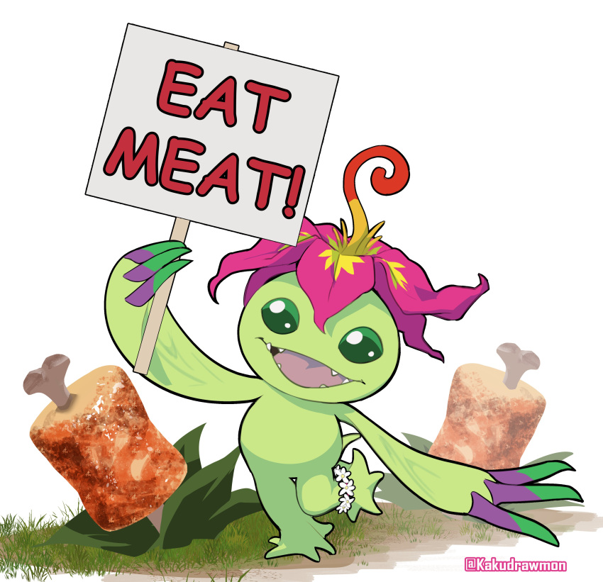 absurdres, boned_meat, digimon, digimon_(creature), digimon_world, english_text, farm, flower