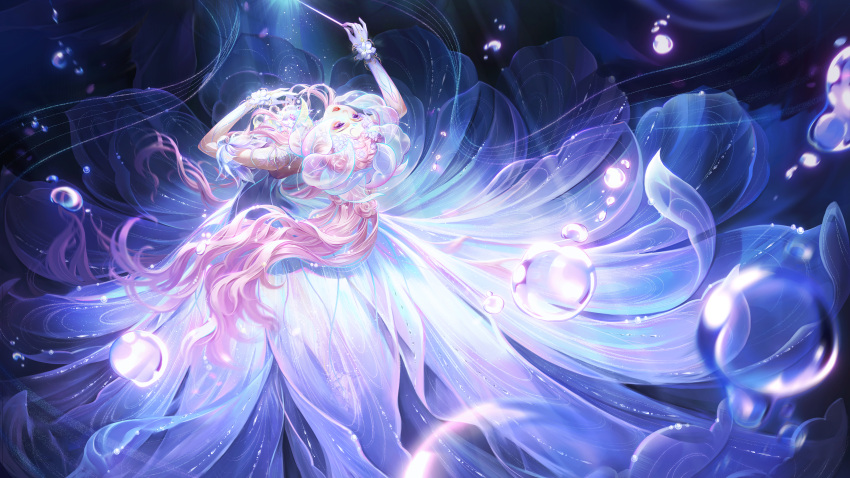 1girl, absurdres, bubble, by_yi, character_request, chinese_commentary, circle_skirt, commentary_request, conductor_baton, dappled_sunlight, detached_sleeves, dress, eyeshadow, feet_out_of_frame, floating_clothes, floating_hair, flower, gloves, gown, hat, highres, holding_baton, leaning_back, light_particles, lipstick, long_dress, long_hair, looking_up, makeup, musical_staff, nikki_(series), parted_lips, pink_eyeshadow, pink_hair, ponytail, purple_dress, purple_sleeves, red_lips, shining_nikki, short_sleeves, solo, standing, strapless, strapless_dress, sunlight, thick_eyebrows, underwater, very_long_hair, violet_eyes, wavy_hair, white_flower, white_gloves, white_hat, wrist_flower