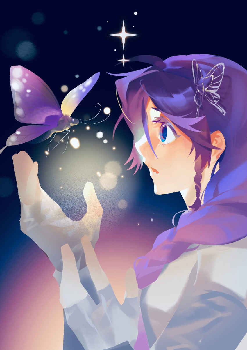 1girl, animal, animification, blackhousewuwu, blue_eyes, braid, bug, butterfly, butterfly_hair_ornament, colored_eyelashes, commentary, cowlick, fingerless_gloves, gloves, hair_ornament, highres, long_hair, long_sleeves, minecraft_youtube, open_mouth, painterly, profile, purple_hair, roscumber, side_braid, solo, sparkle, symbol-only_commentary, the_realm_smp, upper_body