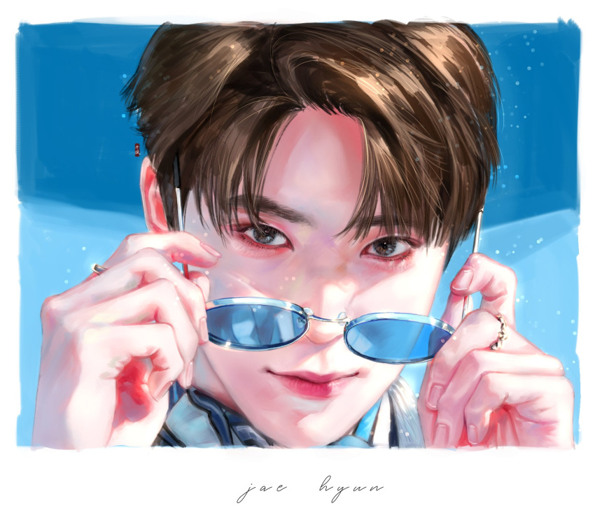 1boy, 5_hu, brown_eyes, brown_hair, close-up, closed_mouth, highres, jaehyun, jewelry, k-pop, looking_at_viewer, male_focus, nct_(band), ring, short_hair, solo
