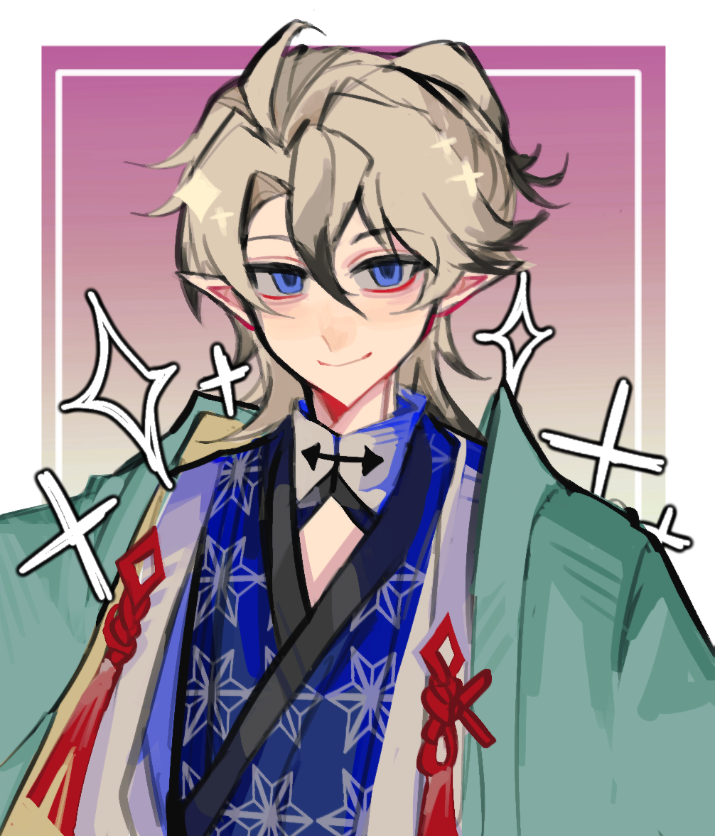 1boy, ahoge, black_hair, blue_eyes, blue_kimono, chinese_knot, closed_mouth, commentary