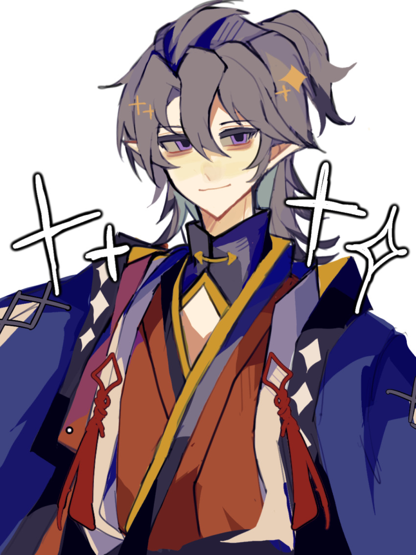 1boy, blue_haori, chinese_commentary, closed_mouth, commentary_request, grey_hair, hair_between_eyes, haori