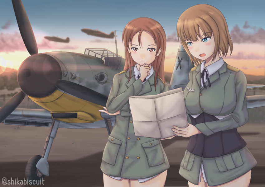 2girls, aircraft, airplane, blue_eyes, blush, brave_witches, breasts, brown_hair