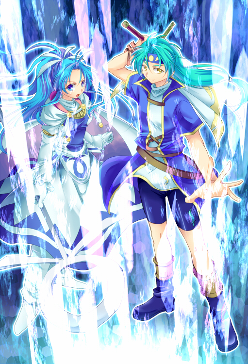 1boy, 1girl, aqua_hair, blue_background, blue_boots, blue_eyes, blue_hair, blue_headband