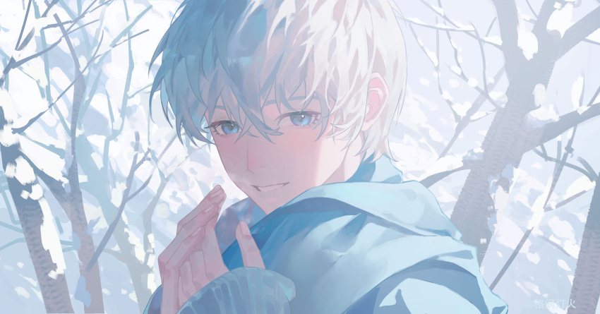 1boy, absurdres, artist_name, bare_tree, blue_eyes, blue_scarf, breath, chinese_commentary