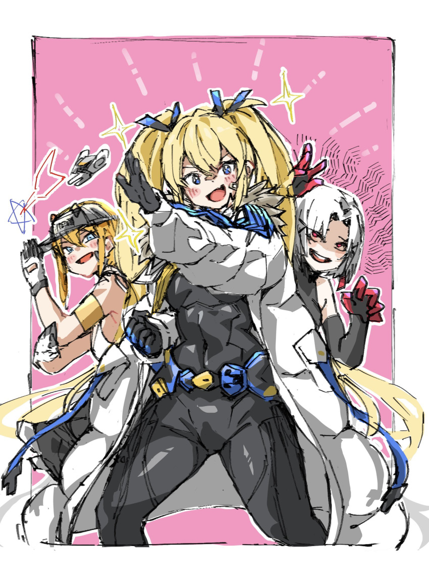 armband, belt, black_bodysuit, blonde_hair, blue_eyes, bodysuit, border, claw_pose