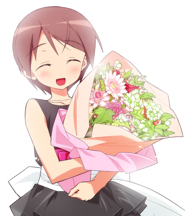 bouquet, brown_hair, chris_barkhorn, christiane_barkhorn, closed_eyes, dress, eyes_closed, flower