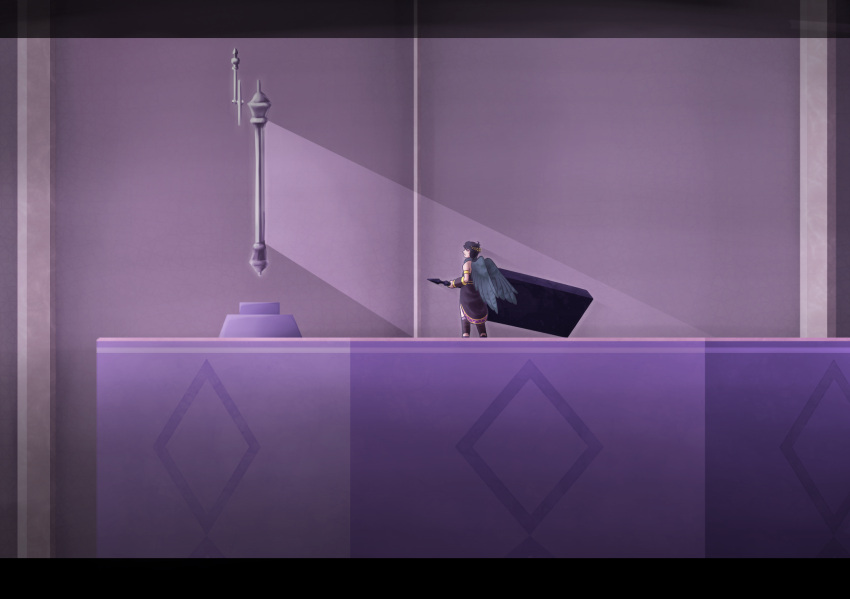 1boy, ahoge, angel, angel_wings, black_club_(kid_icarus), black_hair, club_(weapon), dark_pit, highres, kid_icarus, kid_icarus_uprising, laurel_crown, letterboxed, male_focus, mirror, purple_theme, solo, standing, toodlingart, weapon, wings