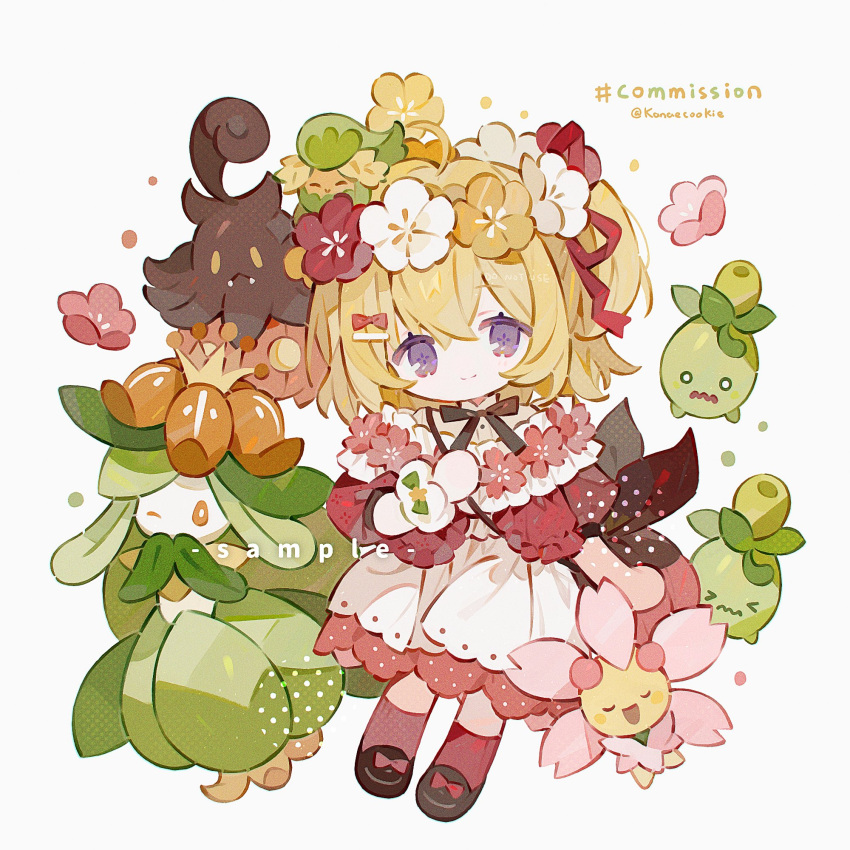 1girl, blonde_hair, blue_eyes, bow, bowtie, cherrim, chibi, closed_mouth
