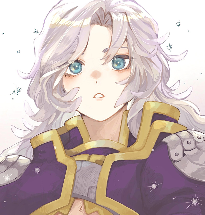 1boy, armor, blue_eyes, cropped_jacket, feather_hair_ornament, feathers, final_fantasy, final_fantasy_ix, gold_trim, grey_hair, hair_ornament, highres, jacket, kuja, light_blush, male_focus, otoko_no_ko, pale_skin, parted_bangs, parted_lips, purple_jacket, shoulder_armor, solo, sparkle, white_background, yoshidaaaan