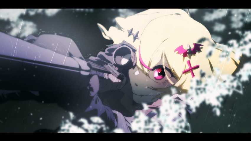 1girl, blonde_hair, blurry, commentary, commission, english_commentary, hair_between_eyes, hair_ornament