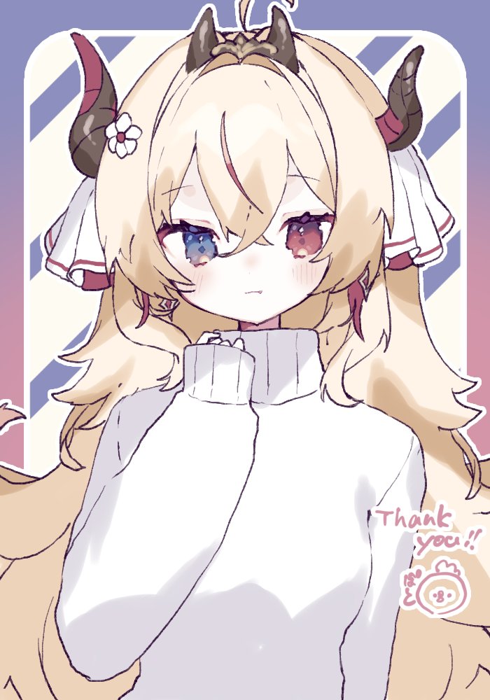 1girl, ahoge, blonde_hair, blue_eyes, blush, closed_mouth, commentary, commission