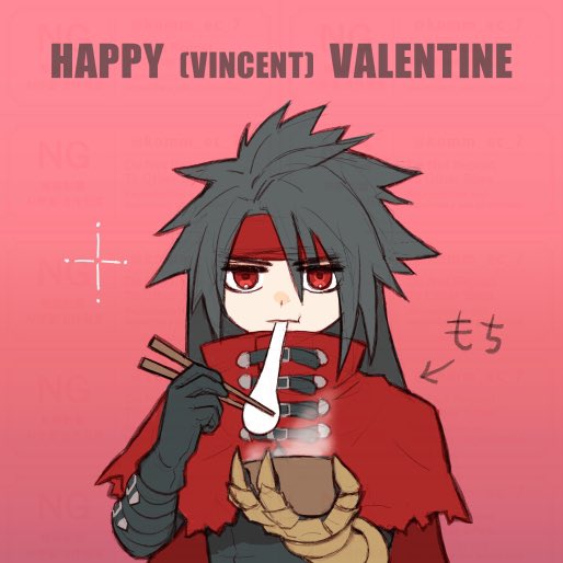 1boy, black_gloves, black_hair, black_shirt, bowl, chopsticks, clawed_gauntlets, cloak, eating, final_fantasy, final_fantasy_vii, final_fantasy_vii_ever_crisis, food, gloves, hair_between_eyes, headband, holding, holding_bowl, holding_chopsticks, komm_ec_7, long_hair, male_focus, mochi, mochi_trail, pink_background, red_cloak, red_headband, shirt, solo, steam, torn_cloak, torn_clothes, upper_body, vincent_valentine