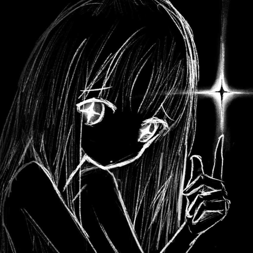 +_+, 1girl, black_background, greyscale, highres, knowthisdream, long_hair, looking_at_viewer, monochrome, original, pointing, pointing_up, star_(symbol), tagme