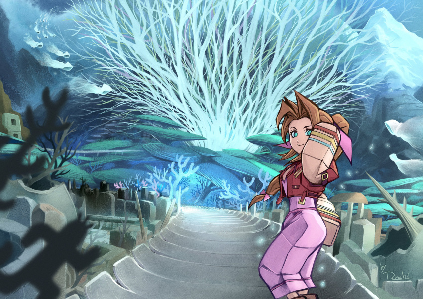 1girl, absurdres, aerith_gainsborough, bangle, boots, bracelet, braid, braided_ponytail
