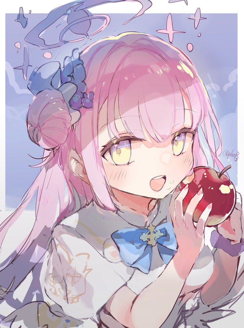 1girl, apple, blue_archive, blue_bow, blush, bow, capelet, dress