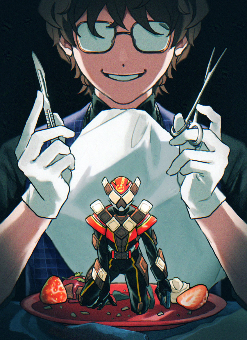 2boys, armor, brown_armor, brown_hair, food, fruit, glasses, gloves, highres, holding, holding_scalpel, kamen_rider, kamen_rider_gavv_(series), kamen_rider_valen, male_focus, multiple_boys, oresanjyo, plate, scalpel, smile, strawberry, suga_kenzo, surgical_scissors, white_gloves