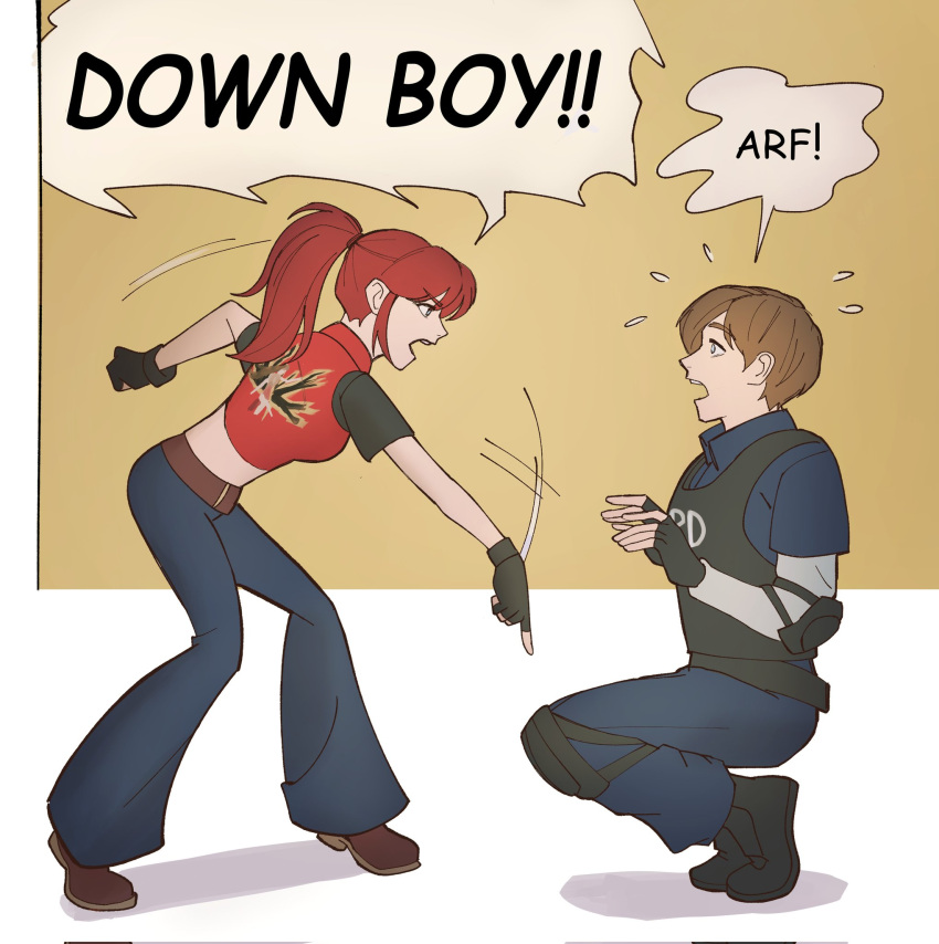 1boy, 1girl, black_gloves, black_pants, black_shoes, black_sleeves, border, breasts, brown_background, brown_hair, brown_shoes, bulletproof_vest, claire_redfield, cropped_jacket, elbow_pads, english_text, fingerless_gloves, full_body, gloves, hair_tie, highres, jacket, knee_pads, leon_s._kennedy, liunennim, long_hair, medium_breasts, meme, midriff, pants, pointing, ponytail, red_hair, red_jacket, resident_evil, resident_evil_-_code:_veronica, shirt_under_shirt, shoes, short_hair, shouting, squatting, sweatdrop, white_border