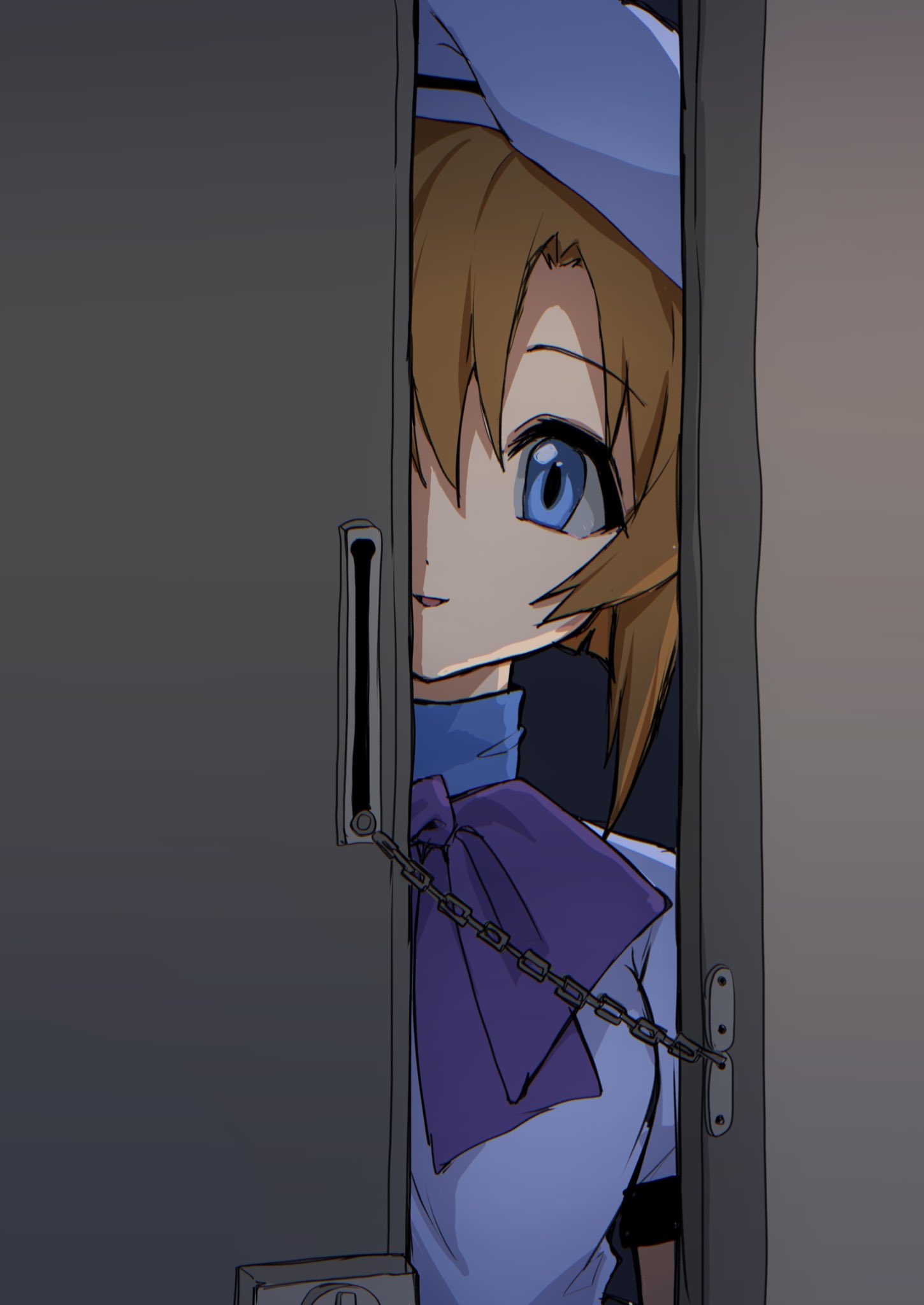 1girl, blue_eyes, bow, door, door_chain, doorway, dress, hat