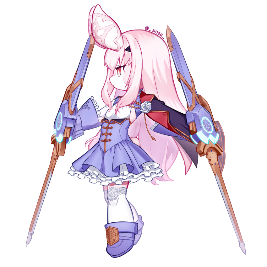 1girl, absurdres, blue_dress, blue_shoes, bright_pupils, cape, commentary, commission