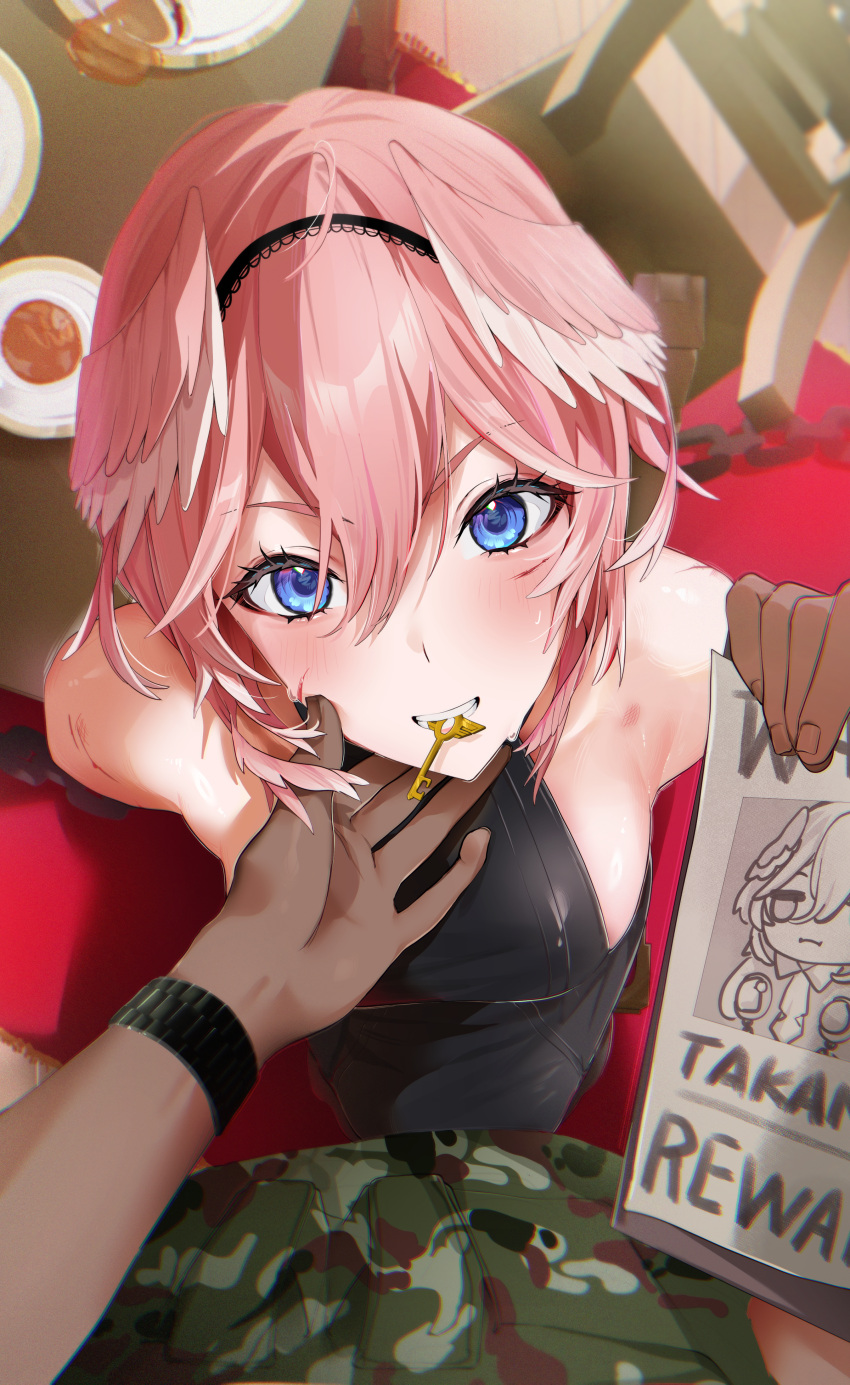 1girl, 1other, absurdres, alternate_costume, bare_shoulders, black_dress, black_hairband, blue_eyes