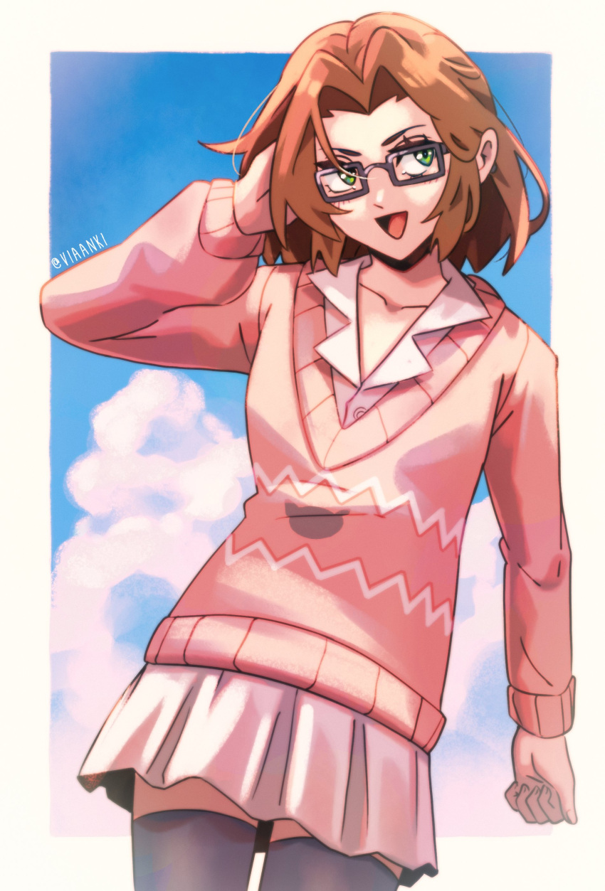1girl, absurdres, aerith_gainsborough, alternate_costume, black_thighhighs, border, breasts, brown_hair