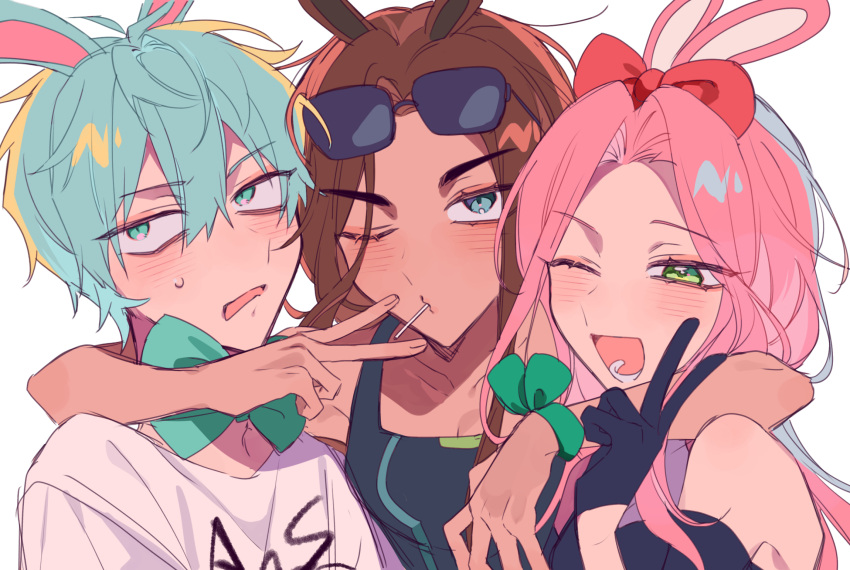 1boy, 2girls, alien_stage, animal_ears, arm_around_shoulder, black_gloves, black_tank_top, bow
