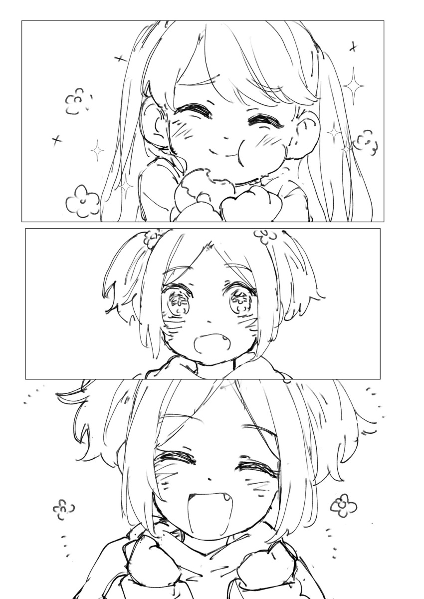 2girls, :d, :t, ^_^, blush, child, clenched_hands, closed_eyes, fang, food, fujishima_megumi, fujishima_megumi_(young), greyscale, happy, highres, holding, holding_food, hood, hood_down, hoodie, l9525, link!_like!_love_live!, long_hair, love_live!, mira-cra_park!, monochrome, multiple_girls, open_mouth, osawa_rurino, osawa_rurino_(young), parted_bangs, profile, short_hair, short_twintails, smile, sparkle, sweater, turtleneck, turtleneck_sweater, twintails, two_side_up, virtual_youtuber