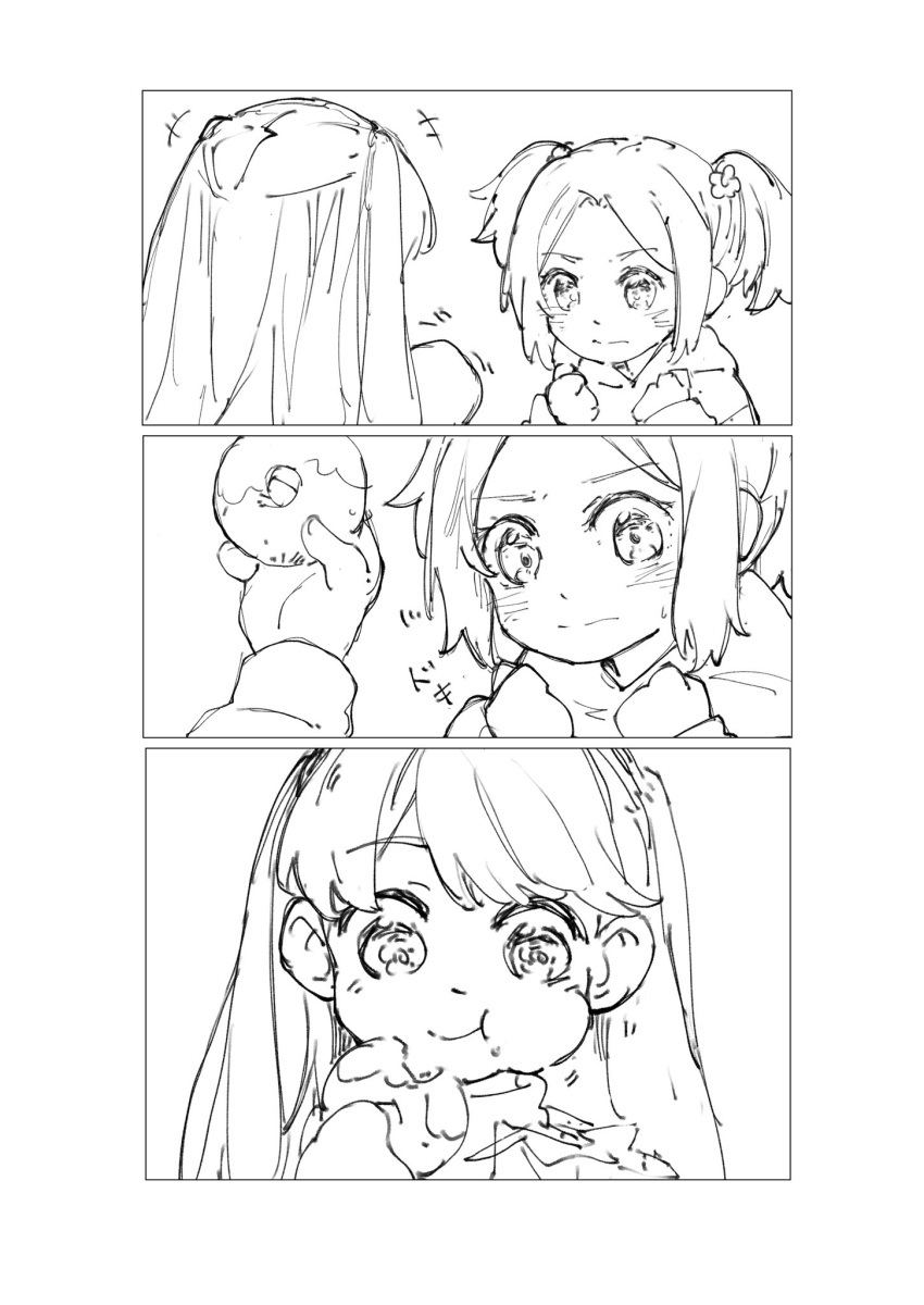 +++, 2girls, :t, child, doughnut, eating, food, food_bite, fujishima_megumi, fujishima_megumi_(young), greyscale, highres, holding, holding_donut, holding_food, hood, hood_down, hoodie, l9525, link!_like!_love_live!, long_hair, love_live!, mira-cra_park!, monochrome, multiple_girls, open_mouth, osawa_rurino, osawa_rurino_(young), parted_bangs, profile, short_hair, short_twintails, sweater, turtleneck, turtleneck_sweater, twintails, two_side_up, virtual_youtuber