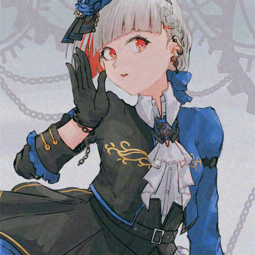 1girl, adversarial_noise, aoi_(byb_babylon), ascot, black_corset, black_gloves, black_jacket, black_skirt, blue_jacket, chain, chain_bracelet, collared_shirt, colored_inner_hair, commentary, compass_(love_live!), corset, dress_shirt, gear_earrings, gloves, grey_background, grey_hair, hashtag-only_commentary, highres, jacket, link!_like!_love_live!, long_sleeves, love_live!, multicolored_hair, multicolored_jacket, official_alternate_costume, parted_lips, red_eyes, red_hair, shirt, short_hair, skirt, solo, streaked_hair, two-tone_jacket, upper_body, virtual_youtuber, white_ascot, white_shirt, yugiri_tsuzuri