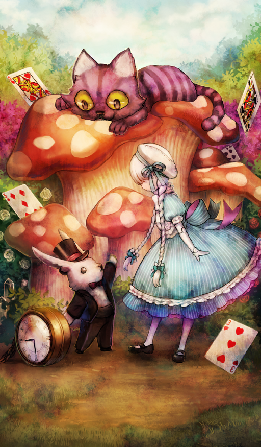 1girl, alice_(fate), alice_in_wonderland, analog_clock, animal, black_hat, black_shoes, black_suit