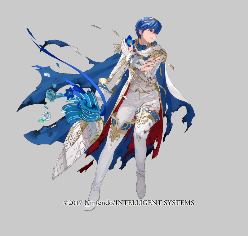 1boy, blue_eyes, blue_hair, bouquet, copyright_notice, fire_emblem, fire_emblem:_mystery_of_the_emblem, fire_emblem_heroes, flower, formal_clothes, full_body, gloves, grey_background, groom, male_focus, marth_(fire_emblem), marth_(groom)_(fire_emblem), mayo_(becky2006), official_art, short_hair, simple_background, smile, solo, suit, tiara, tuxedo, weapon