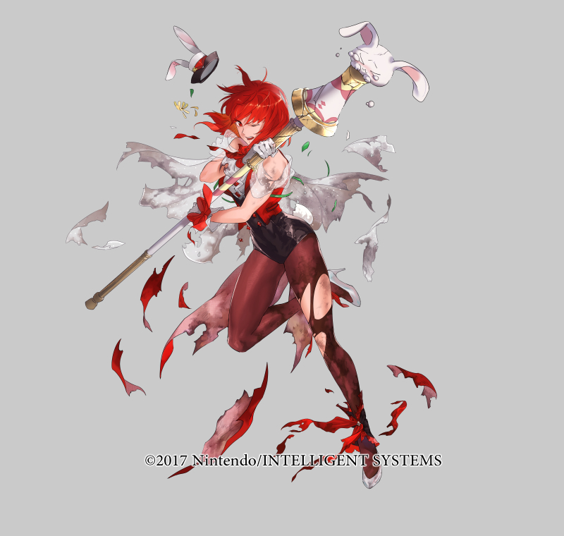 1girl, bare_shoulders, breasts, broken, broken_weapon, capelet, copyright_notice, fire_emblem