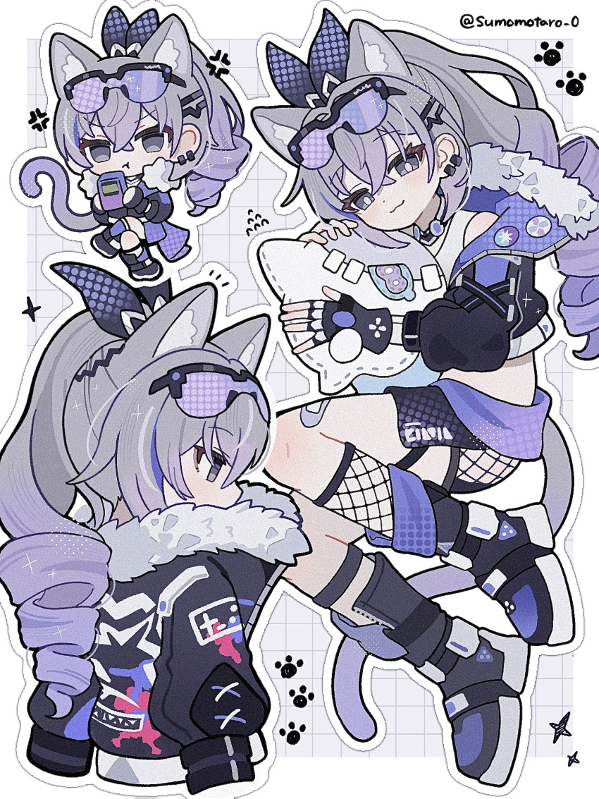 1girl, :3, animal_ears, cat_ears, cat_tail, drill_hair, earrings, eyewear_on_head