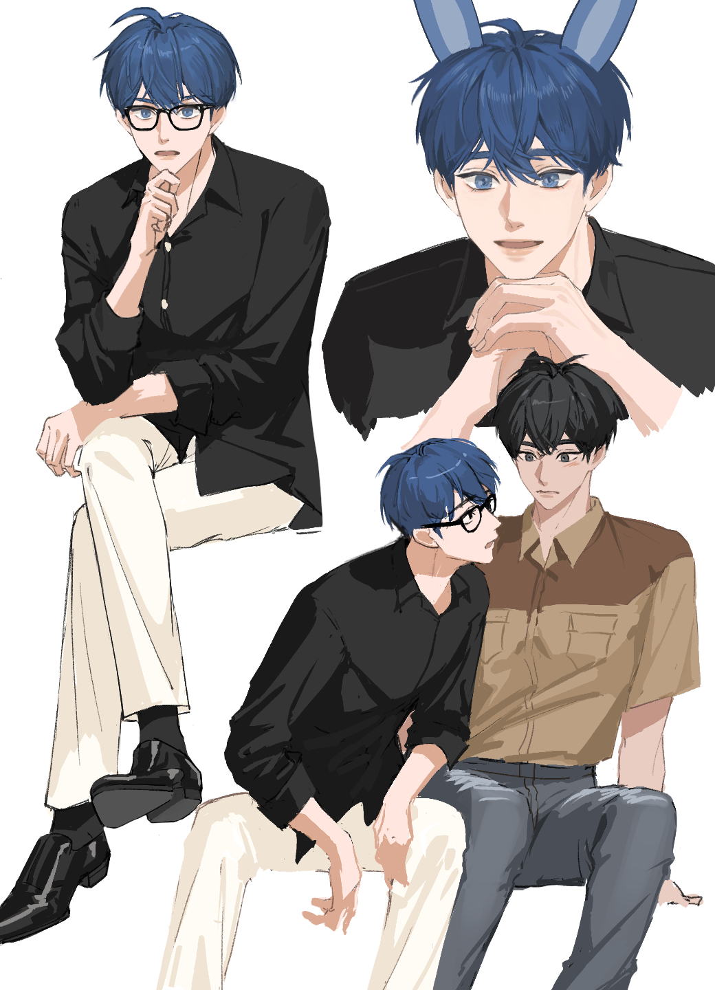 2boys, 2jiao, animal_ears, bespectacled, black-framed_eyewear, black_hair, black_shirt, black_socks