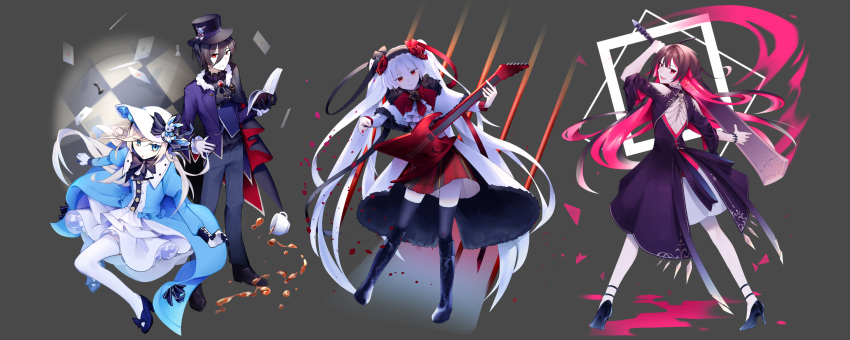 1boy, 3girls, absurdly_long_hair, ace_(playing_card), ace_of_diamonds, ace_of_hearts, ace_of_spades, alice_(arcaea)