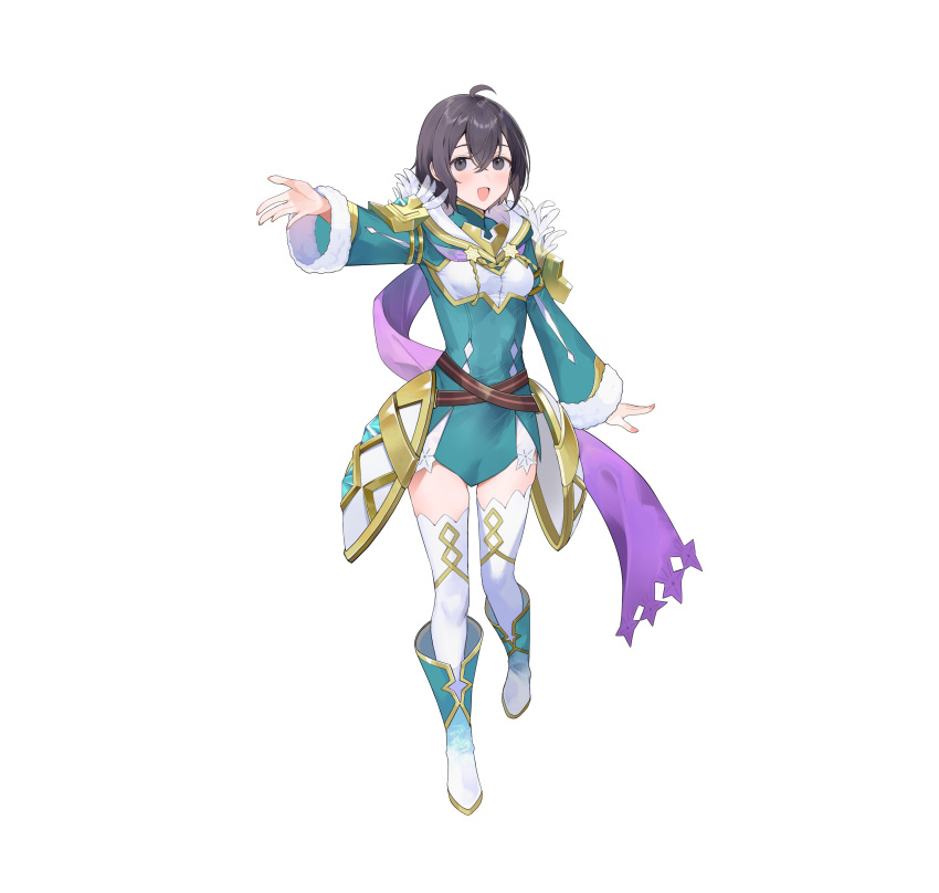1girl, absurdres, ahoge, artist_request, black_hair, fire_emblem, fire_emblem_awakening, fire_emblem_heroes, full_body, highres, long_sleeves, morgan_(female)_(resplendent)_(fire_emblem), official_art, open_mouth, short_hair, simple_background, smile, socks, solo, white_background, white_socks