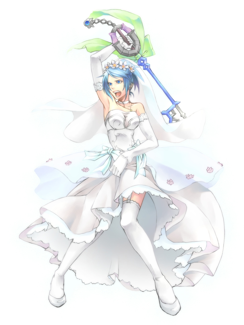 banana_gyuunyuu, blue_eyes, blue_hair, bridal_veil, choker, dress, earrings, gloves