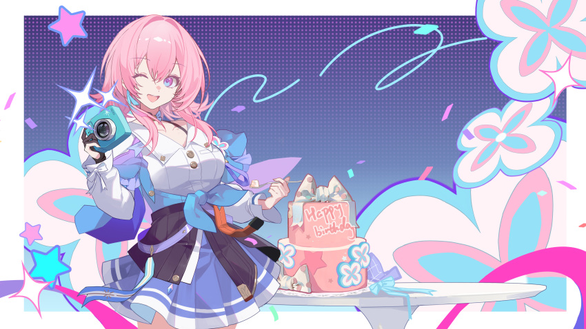 1girl, absurdres, birthday_cake, blue_background, blue_skirt, breasts, cake, camera