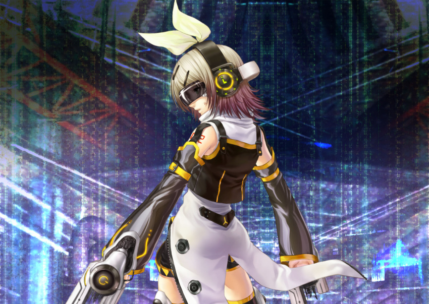 aqua_eyes, arm_warmers, back, blonde_hair, detached_sleeves, foa_(vocaloid), from_behind, hair_ornament