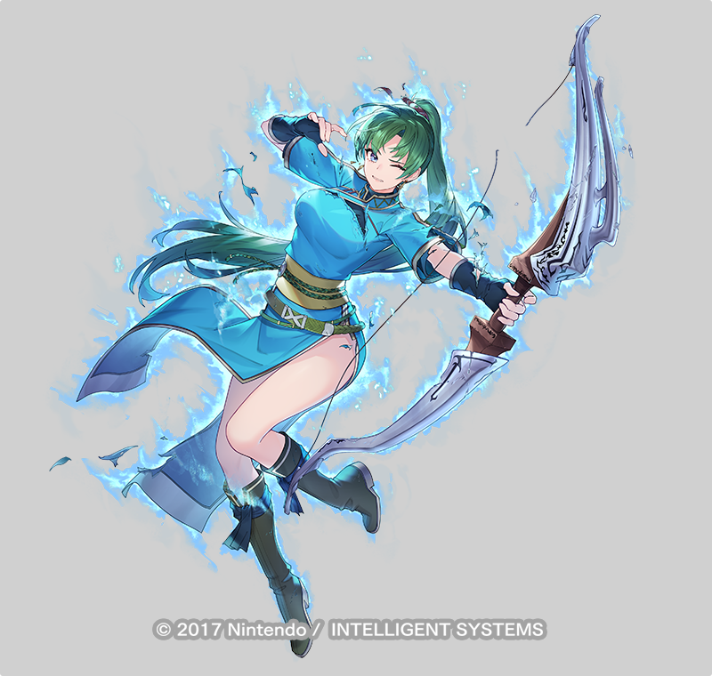 1girl, aura, bare_legs, blue_eyes, boots, bow_(weapon), breasts, copyright_notice, damaged, earrings, essual_(layer_world), fingerless_gloves, fire_emblem, fire_emblem:_the_blazing_blade, fire_emblem_engage, fire_emblem_heroes, gloves, green_boots, green_hair, grey_background, holding, holding_bow_(weapon), holding_weapon, jewelry, knee_boots, long_hair, lyn_(emblem)_(fire_emblem), lyn_(fire_emblem), medium_breasts, official_art, one_eye_closed, ponytail, short_sleeves, solo, thighs, torn_clothes, transparent_background, weapon
