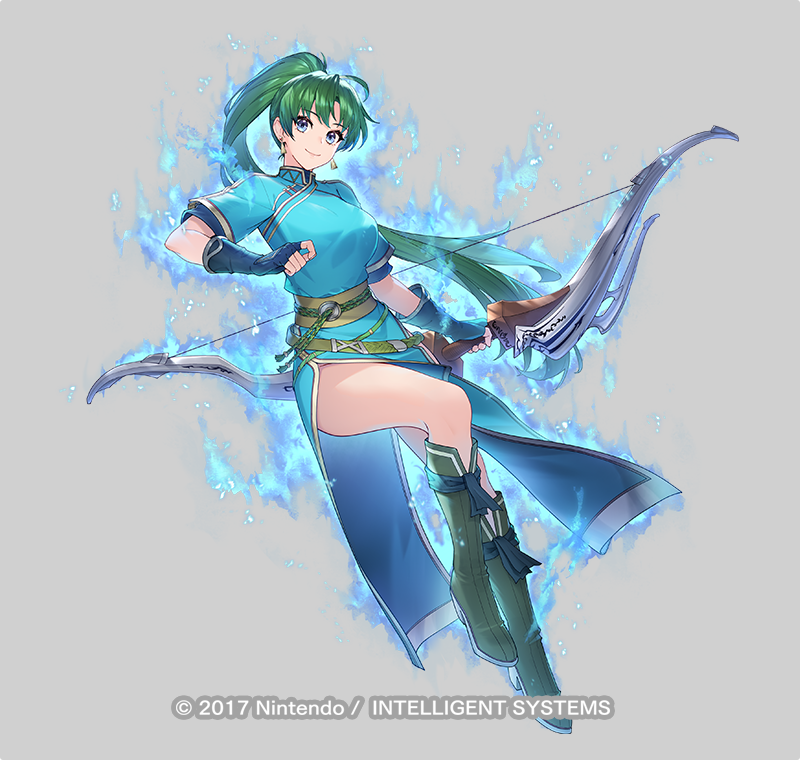 1girl, aura, blue_eyes, boots, bow_(weapon), breasts, copyright_notice, earrings