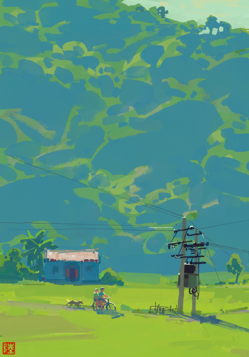 1boy, 1girl, bicycle, building, day, forest, grass, highres
