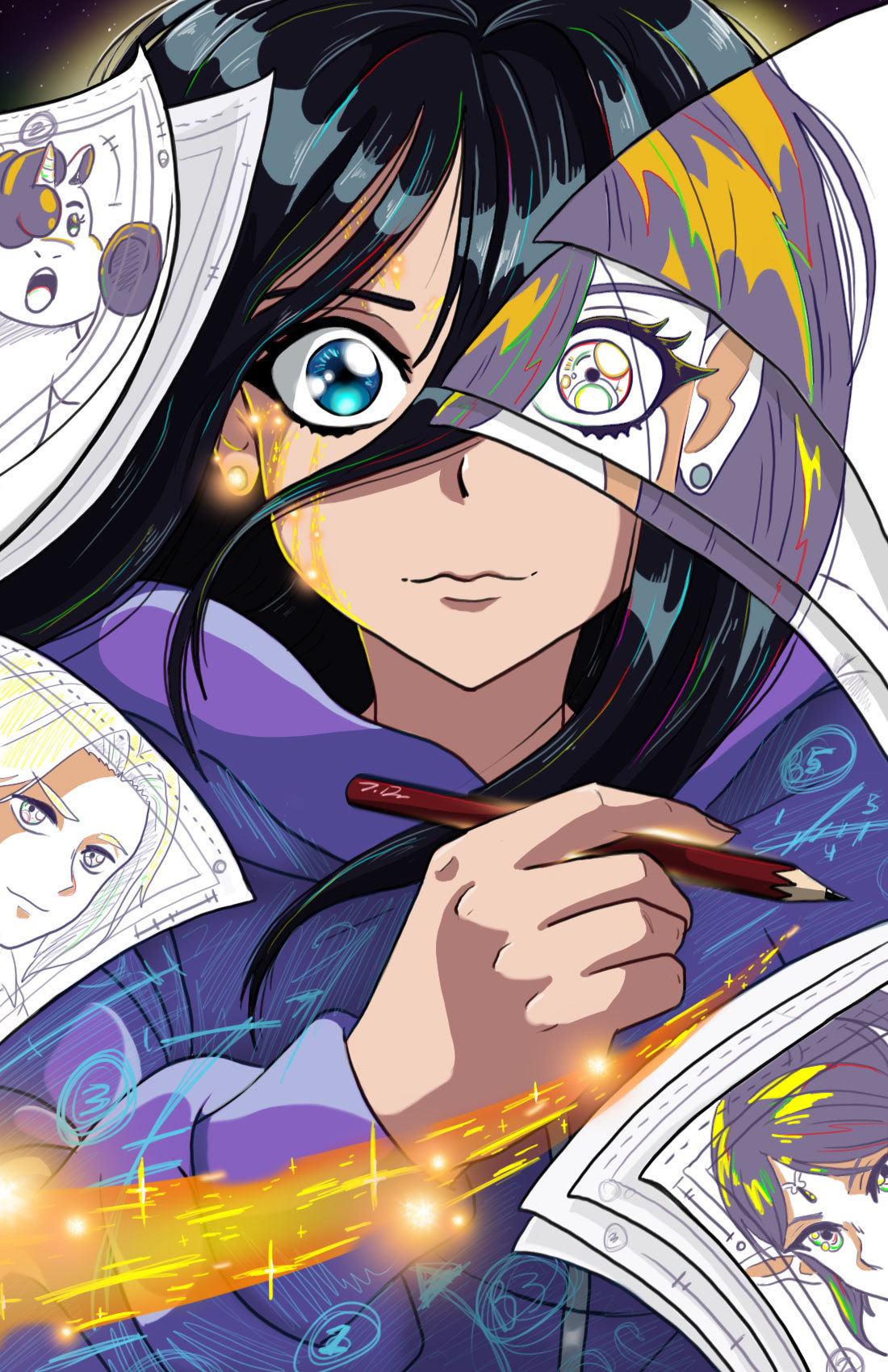 1girl, animation_paper_(object), black_hair, blank_stare, close-up, color_trace, determined, drawing_(action)