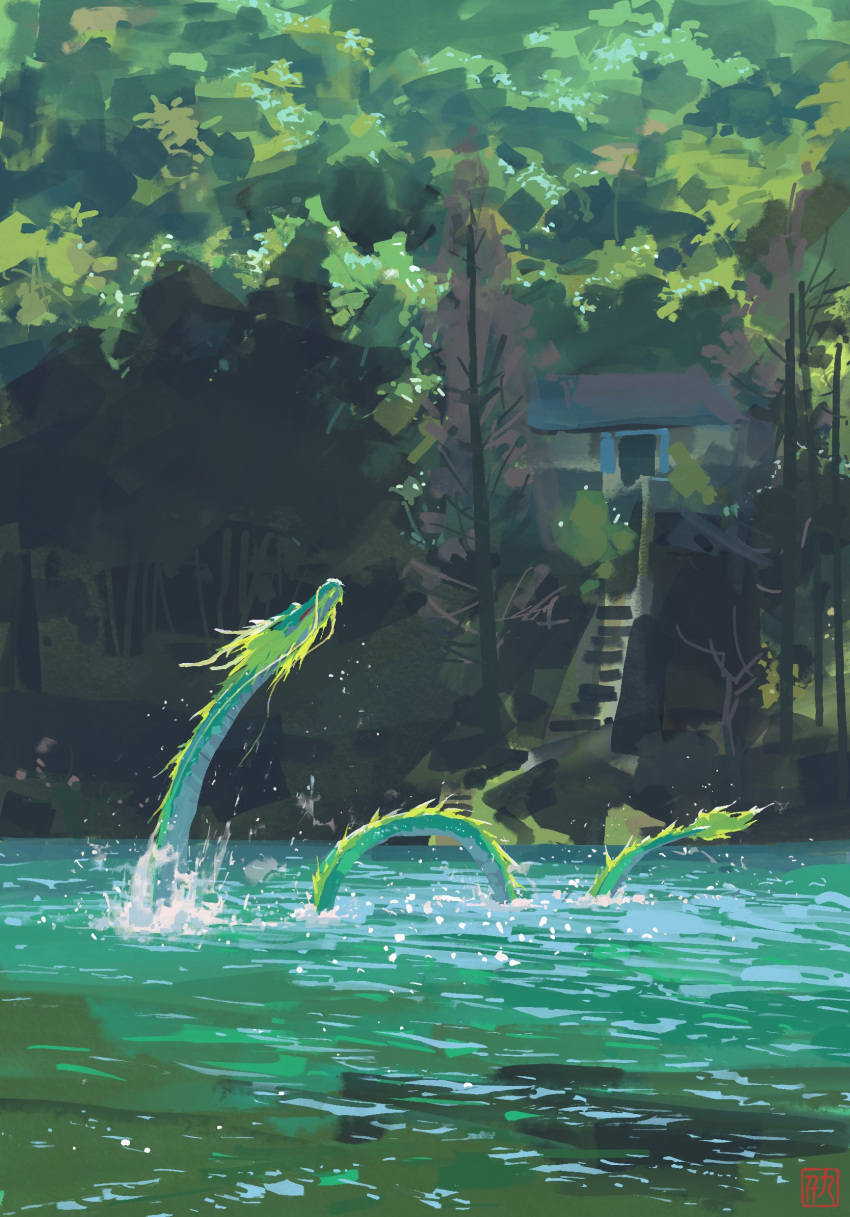 building, creature, creature_focus, day, dragon, eastern_dragon, forest, highres